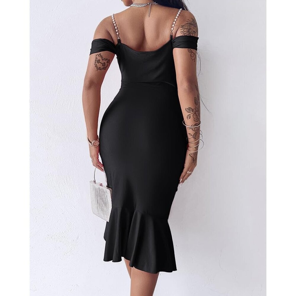 Women Sexy Body con Black Dress Off Shoulder Pearl Strap Midi Ruffle Cocktail - Picture 4 of 5